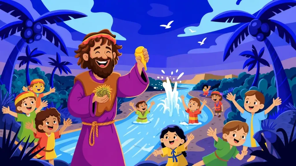 John the Baptist smiling by the Jordan River with happy children and families around him in the desert
