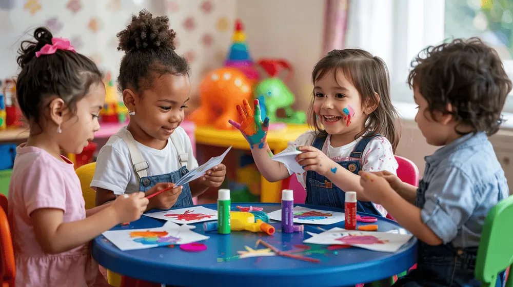 Children doing colorful arts and crafts at a table