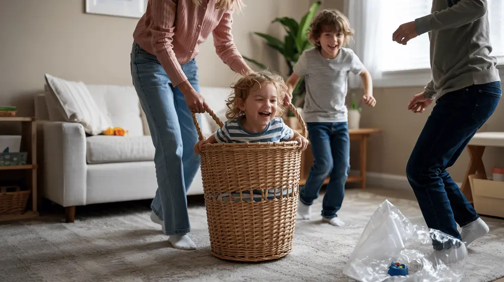 Toddler riding in a laundry basket during indoor play