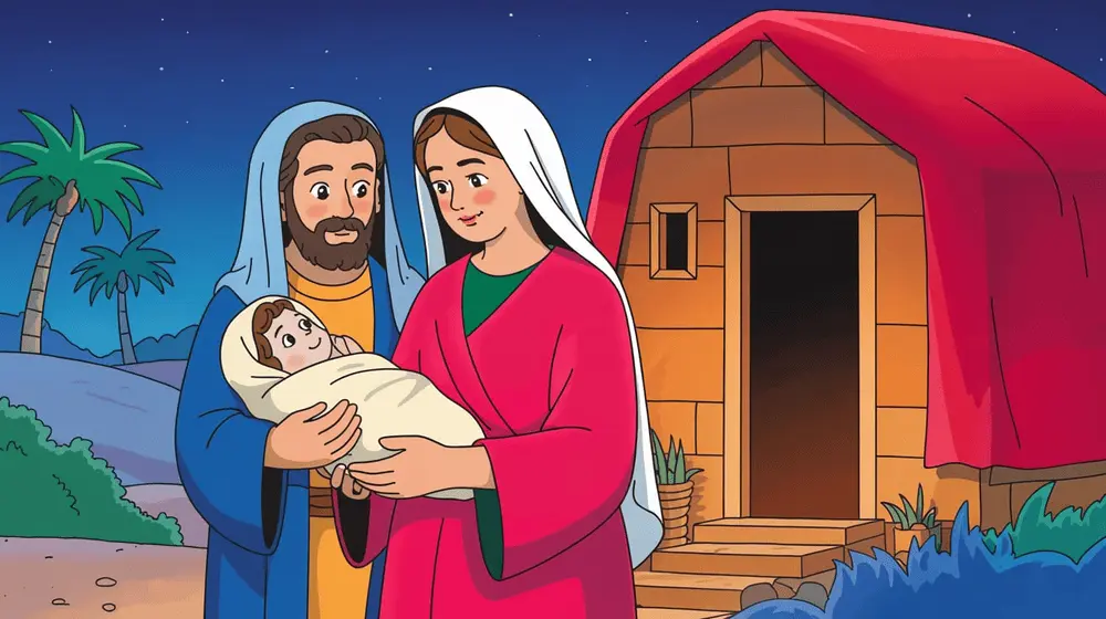 Mary and Joseph standing outside their home, preparing for the journey to Jerusalem.