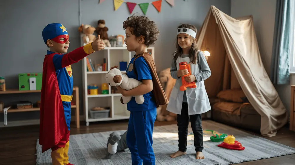 Kids in costumes playing pretend games like superhero and pet vet