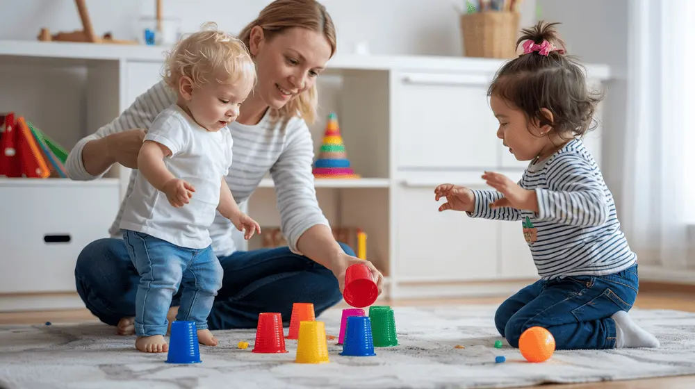 Parent and child doing simple indoor activities like cup stacking and freeze dance