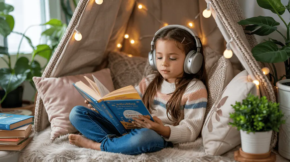 Child listening to an audiobook in a cozy reading corner