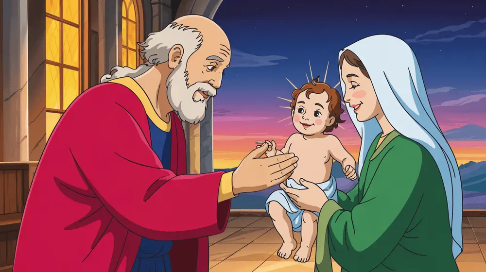 Old Simeon reaches out with joy to hold baby Jesus for the first time.