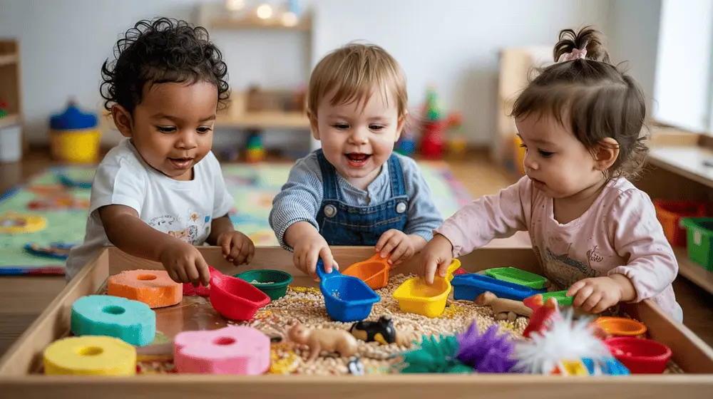 Toddlers exploring sensory bins with rice, scoops, and textured toys