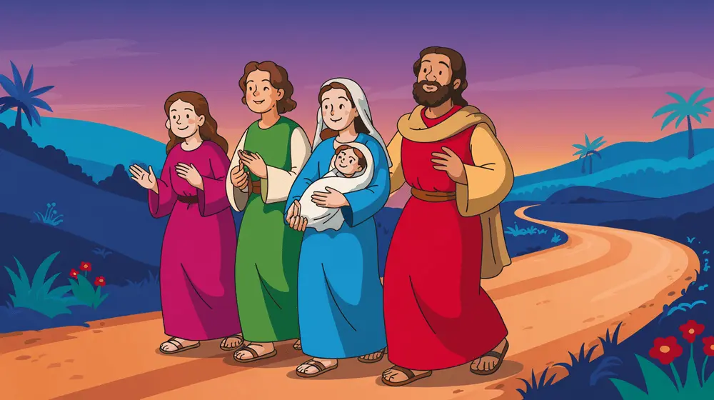 Mary, Joseph, and their friends walking on a dusty road to Jerusalem, singing happily.