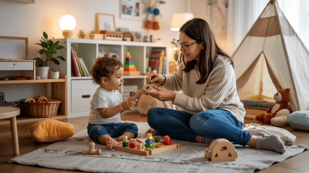 Parent and toddler playing on the floor in a cozy indoor playroom