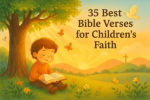A smiling child reading the Bible under a tree at sunrise, with butterflies flying and a cross on a hill in the distance.