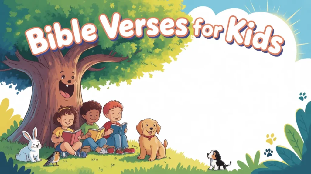 Cartoon children reading the Bible under a tree with animals