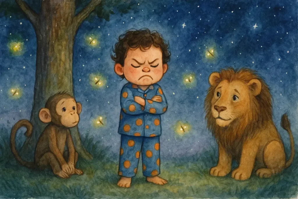 Child showing anger with crossed arms near lion and monkey at night