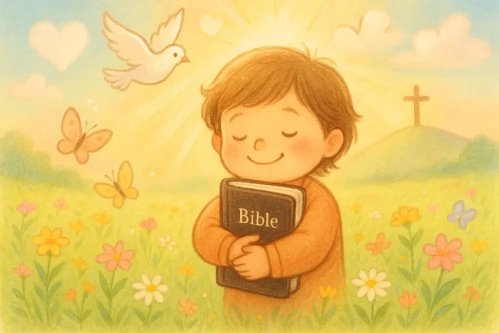 A joyful child hugging a Bible in a sunlit meadow with heart-shaped clouds, butterflies, and a glowing cross in the distance.