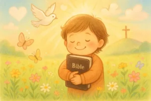 A joyful child hugging a Bible in a sunlit meadow with heart-shaped clouds, butterflies, and a glowing cross in the distance.