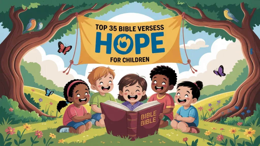 Cartoon children reading the Bible under a tree with sunshine, flowers, and the title “Top 35 Bible Verses for Hope for Children.”