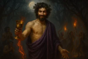 Dionysus, Greek god of wine and madness, standing in a moonlit forest with ivy crown and golden goblet.
