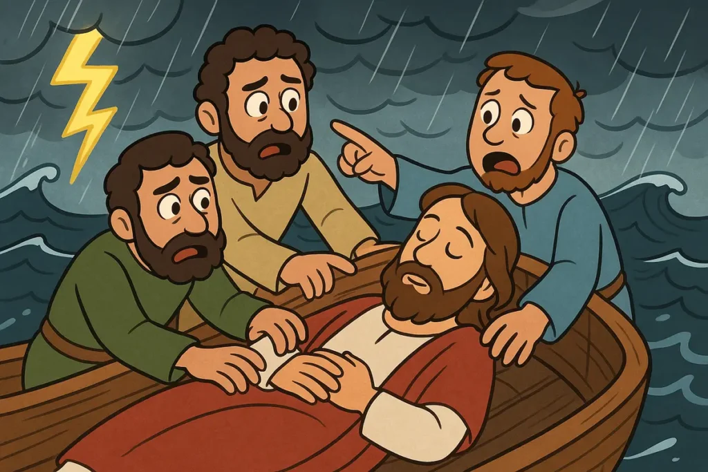Disciples waking Jesus during the storm