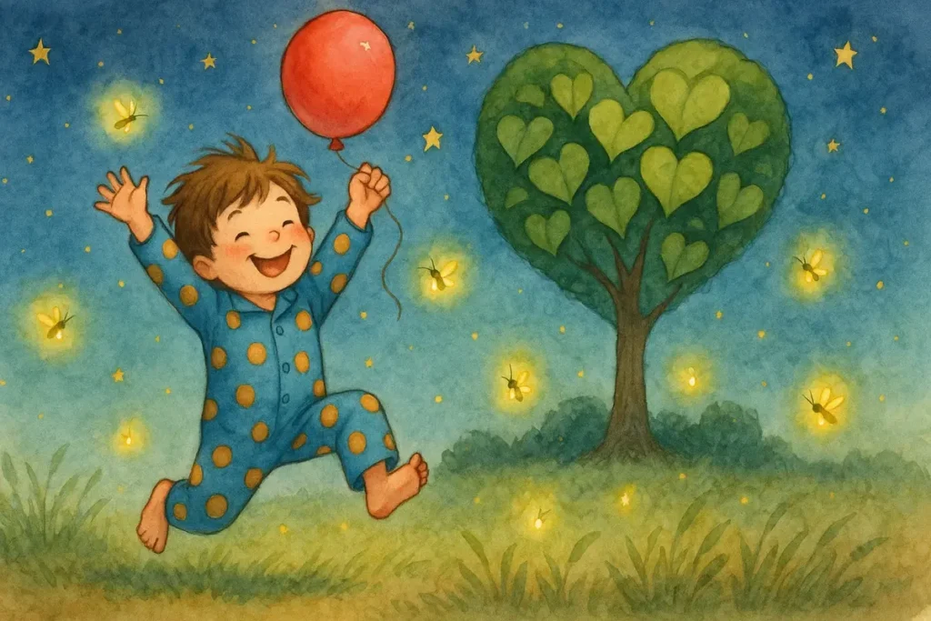 Joyful child jumping with red balloon under a starry sky in pajamas