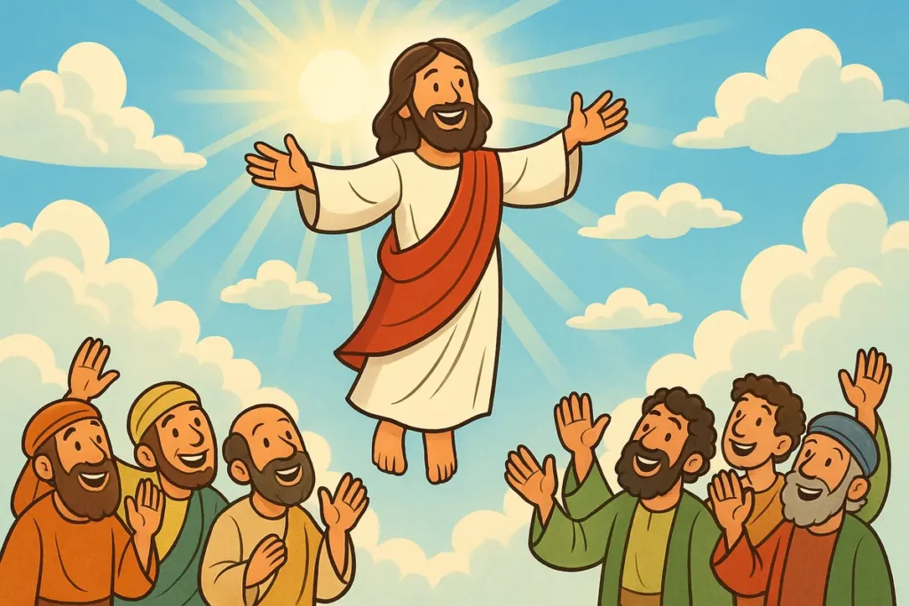 Jesus rising into the clouds as His friends watch