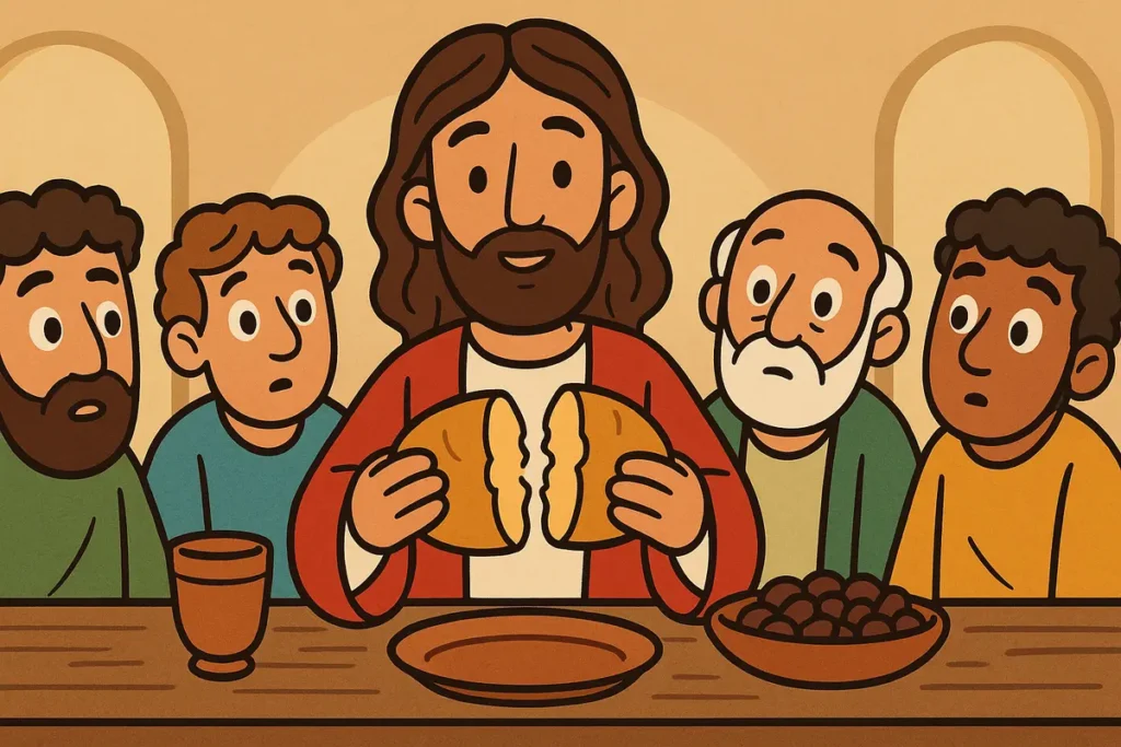 Jesus breaks bread at the Last Supper