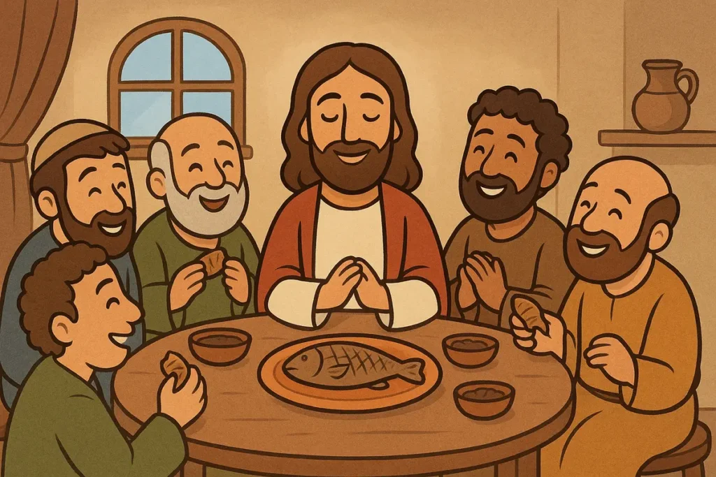 Jesus eats fish with His disciples