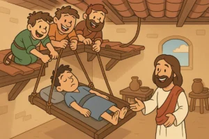 Friends bring a man through the roof to be healed