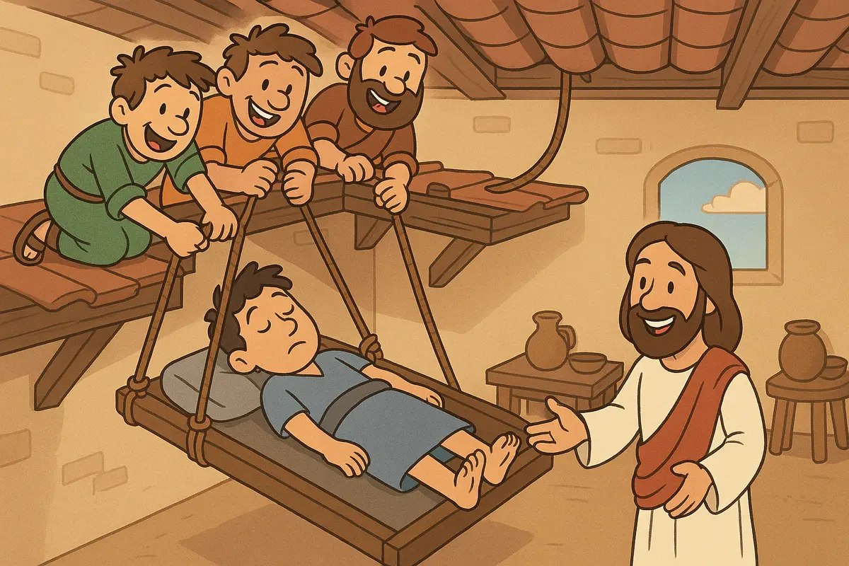 Friends bring a man through the roof to be healed