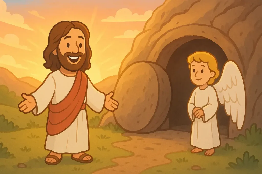 Jesus stands near the empty tomb