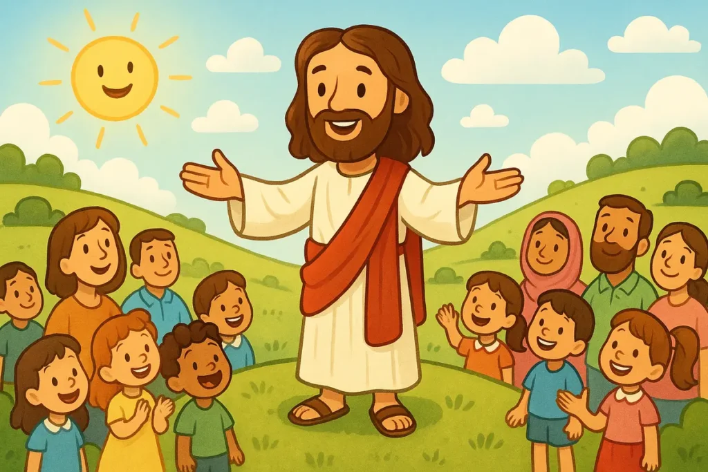 Jesus teaching children and families on a green hill