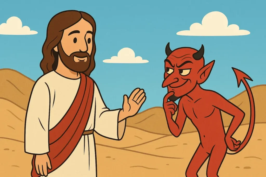 Jesus standing in the desert being tempted by the devil – a Bible story for kids