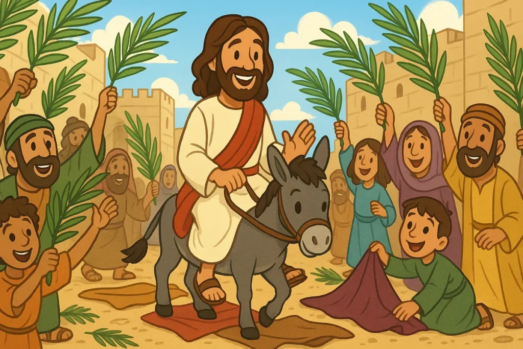 Jesus rides a donkey as people cheer and wave palms
