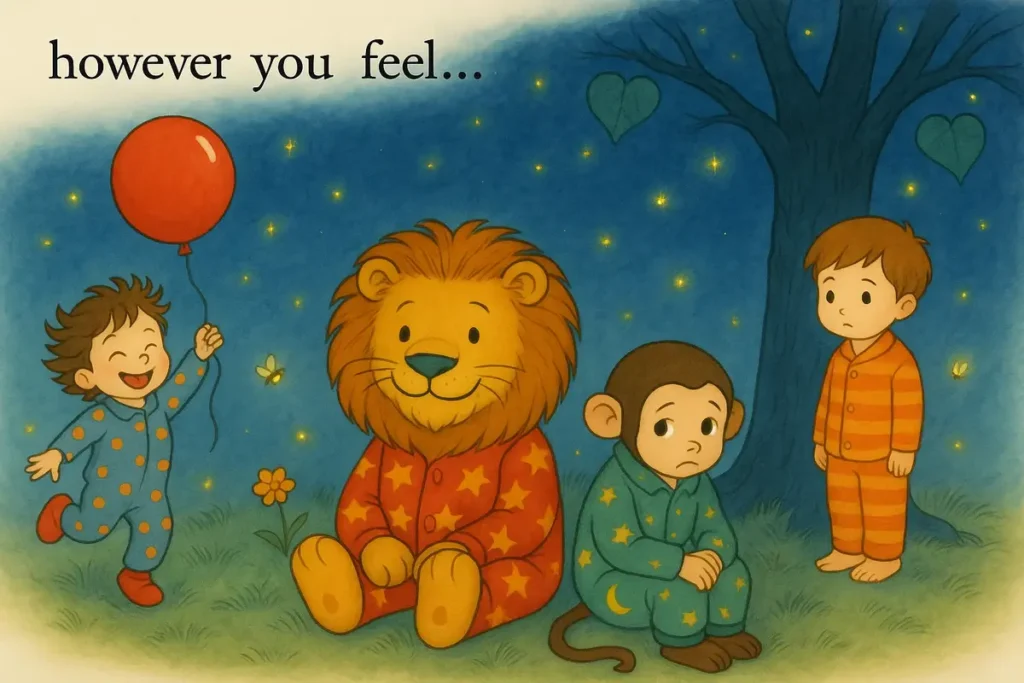Children showing different emotions like happy and sad with a lion and monkey under a starry tree