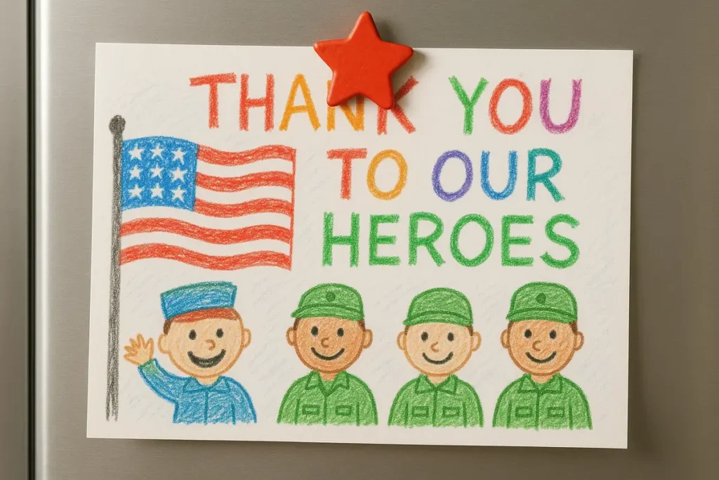 Alt Text: Child’s crayon drawing of American flag with “Thank You to Our Heroes”