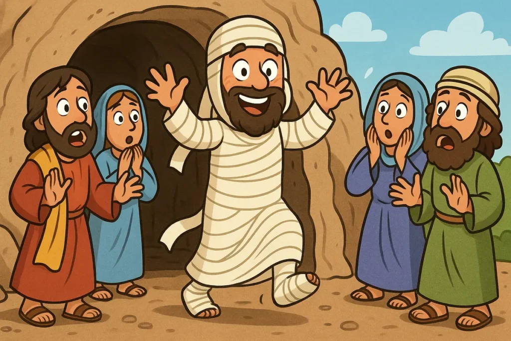 Lazarus walks out of the tomb alive