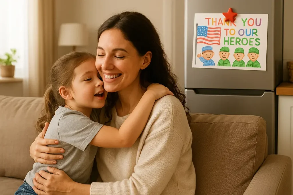 Girl hugging her mom in a cozy home after learning about Memorial Day