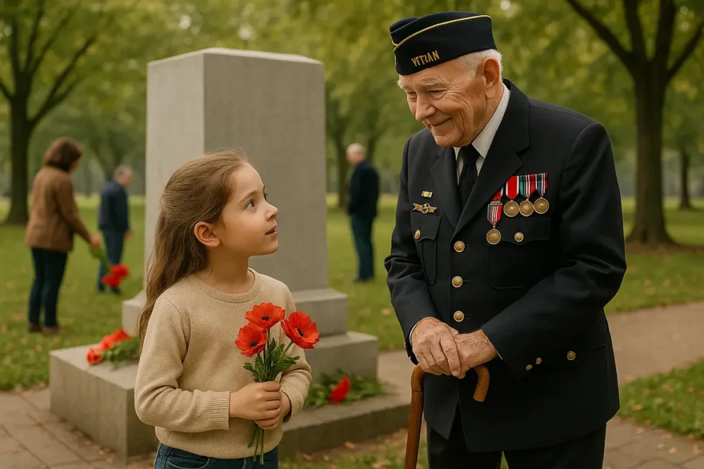 Young girl giving flowers to a veteran near a stone memorial