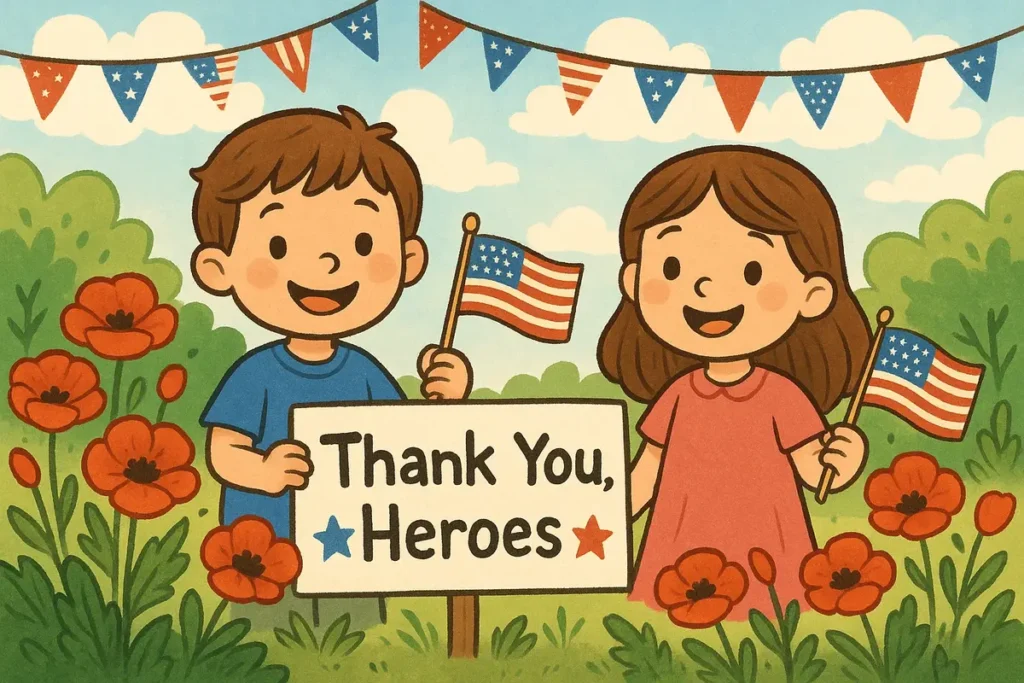 Children holding American flags with red poppies and a handmade “Thank You, Heroes” sign