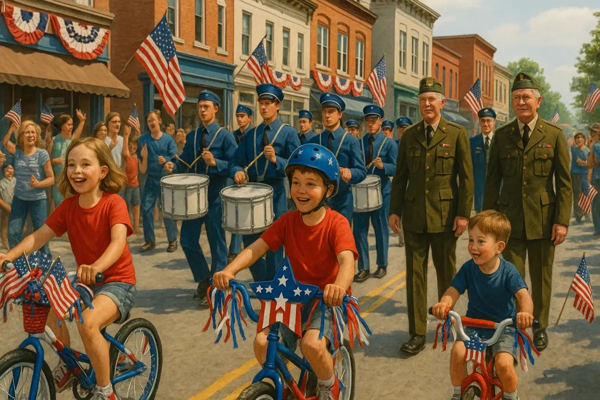 Memorial Day parade with veterans, marching band, and kids on decorated bikes