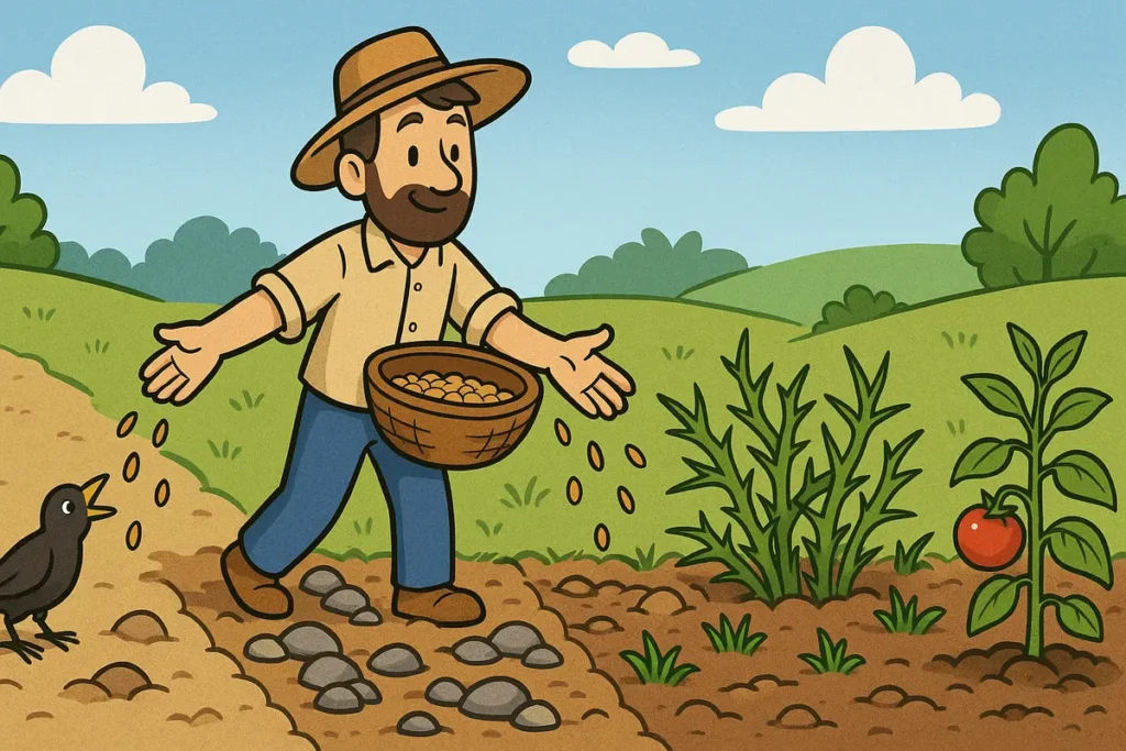 The farmer throws seeds on different kinds of ground