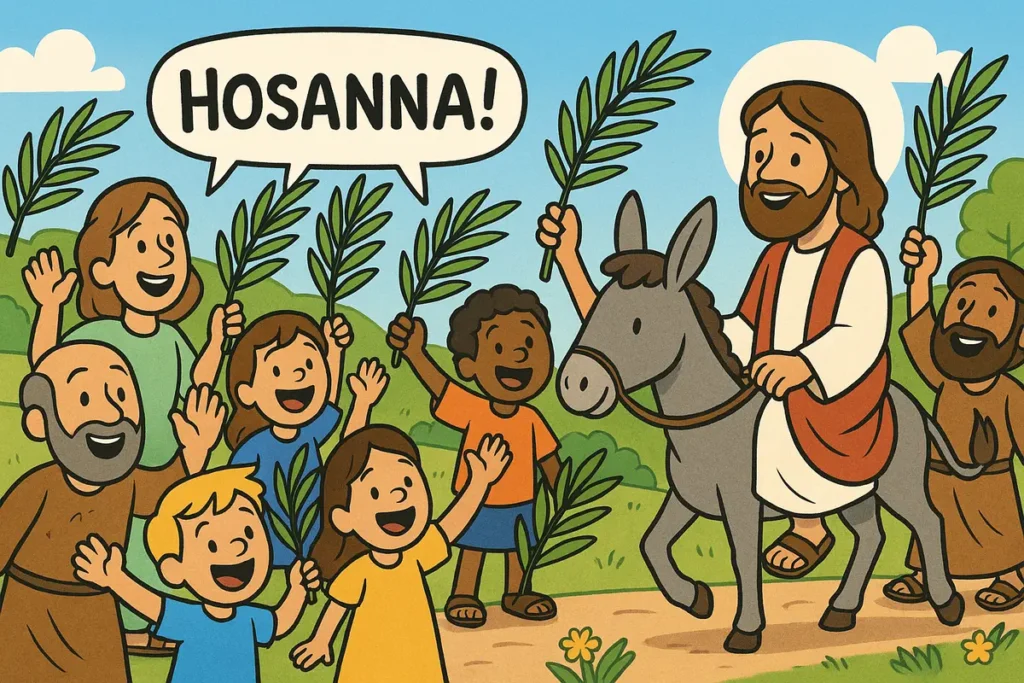 Crowd waves palm branches for Jesus