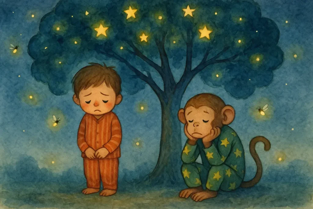 Sad child and monkey sitting quietly under a starry tree at night