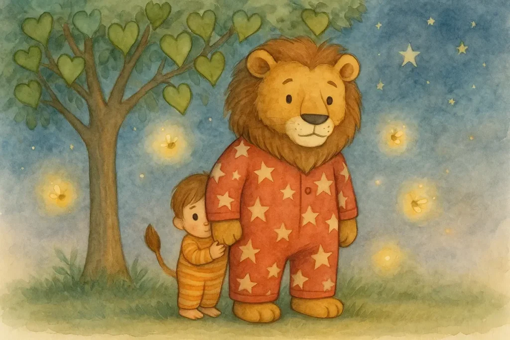 Scared child hiding behind lion at night under glowing stars and fireflies