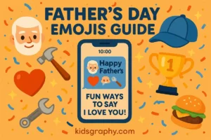 Father’s Day emoji illustration with phone screen messages and festive icons like hearts, tools, and food