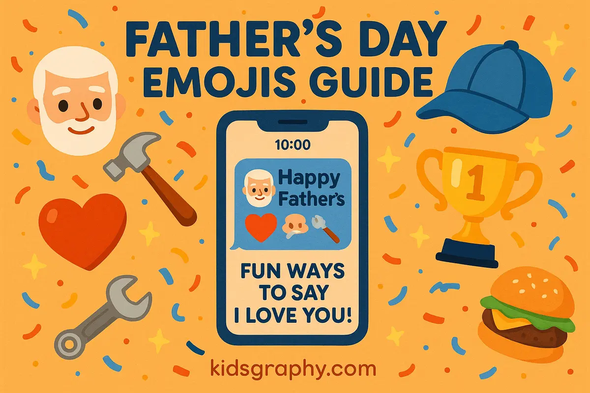 Fatherβs Day emoji illustration with phone screen messages and festive icons like hearts, tools, and food