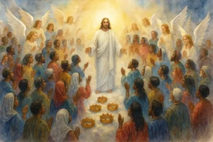 Believers and angels surrounding Jesus in worship, lifting crowns to honor Him, inspired by the hymn “All Hail the Power of Jesus’ Name.”