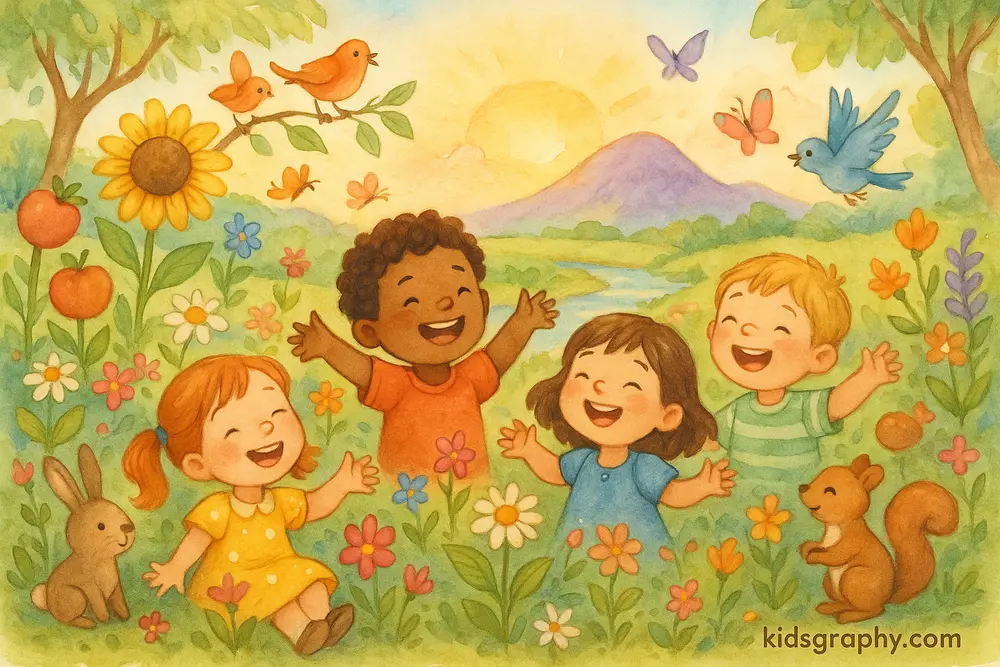 Children in a lush garden filled with birds, flowers, animals, and a glowing sunrise—illustration inspired by the hymn “All Things Bright and Beautiful.”