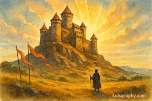 Stone castle on a sunlit hilltop, symbolizing God’s strength and refuge, inspired by the hymn “A Mighty Fortress Is Our God.”