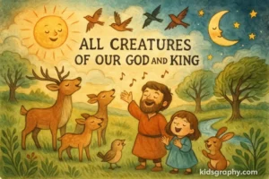 Birds, animals, rivers, and sky worshiping God in harmony—nature-themed art based on the hymn “All Creatures of Our God and King.”