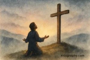 A lone worshiper kneels before the cross at twilight, inspired by the hymn “And Can It Be.”