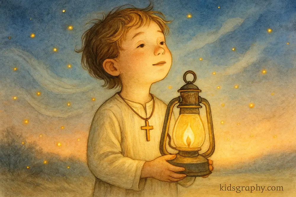 Child holding glowing oil lamp in dusk setting, symbolizing faith and spiritual readiness, inspired by “Give Me Oil in My Lamp” hymn.