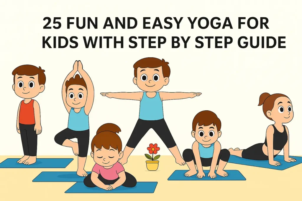 Group of kids doing various yoga poses with text title on top.