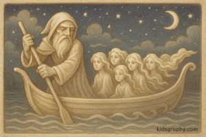 Charon ferrying souls across the underworld river in mythology.